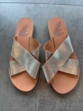 Ancient Greek Sandals Metallic Perforated Cross-Strap in Metallic Brushed Gold